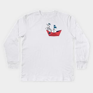 Origami Dalmatian dog day at the lake // print // red sail boat Kids Long Sleeve T-Shirt